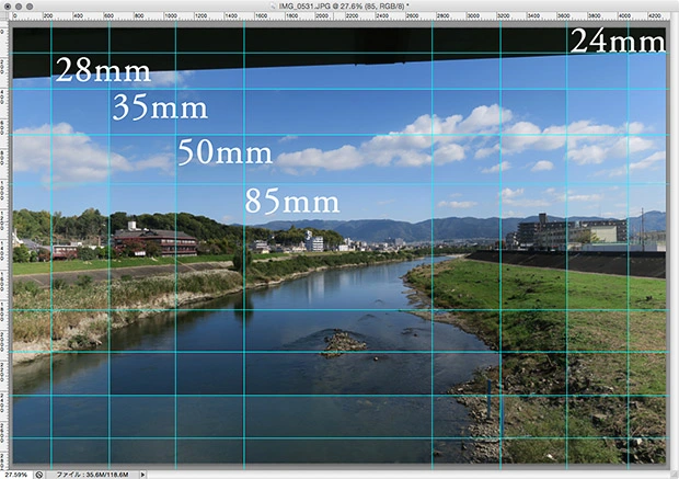 24mm で写る範囲（ベース）の上から各サイズでの範囲をはめ込み