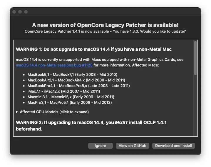 【きてました】macOS Sonoma 14.4、macOS Monterey 12.7.4、Safari 17.4、OpenCore Legacy Patcher 1.4.2