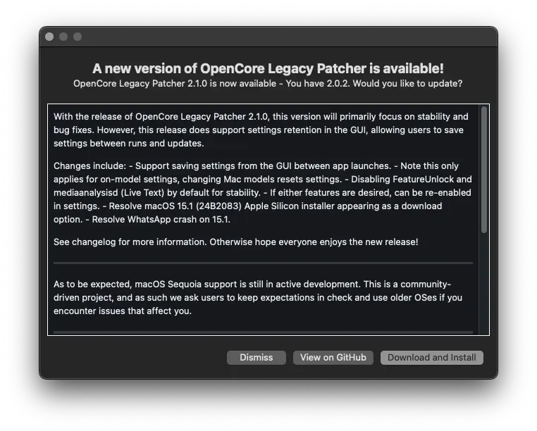 【きてます】OpenCore Legacy Patcher 2.1.0